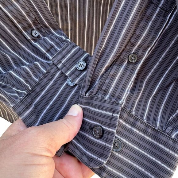Tasso Elba Mens Tailored Fit Gray White Striped Button-Down Long Sleeve Shirt L - Picture 3 of 8